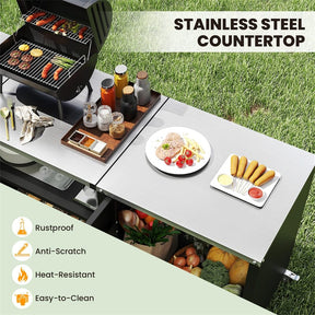 80" Outdoor Grill Table w/ Sink & Drainage, Heavy Duty Metal Grill Cart w/ Removable Stainless Steel Top & Cabinet, Portable BBQ Prep Table on Wheels