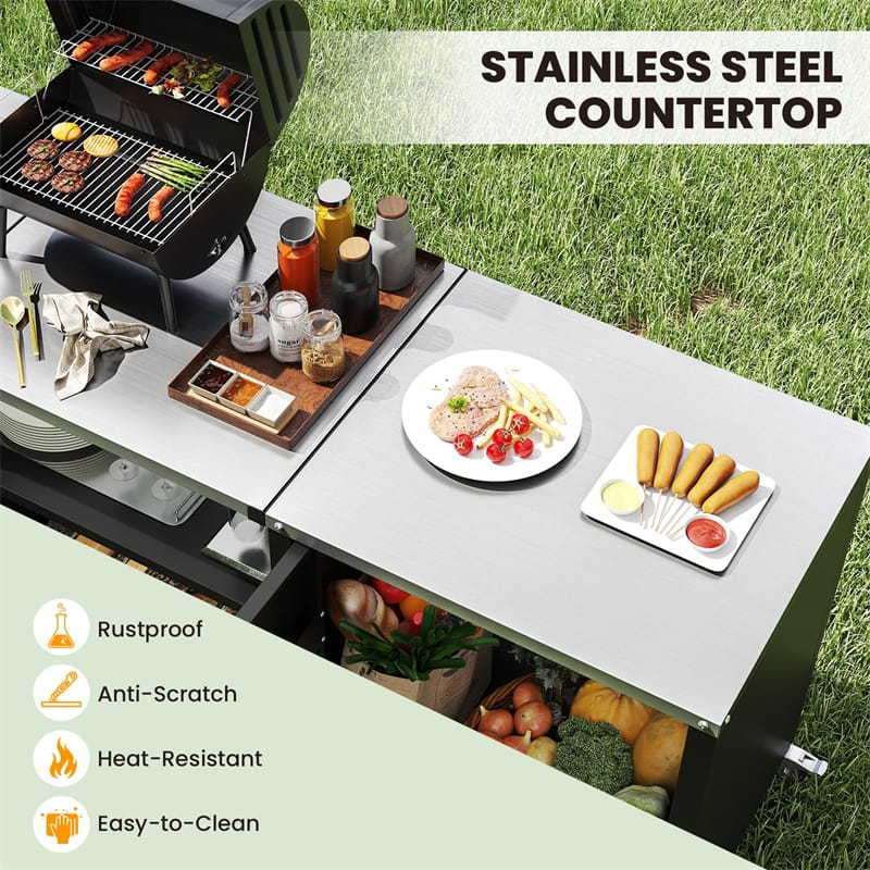 80" Outdoor Grill Table w/ Sink & Drainage, Heavy Duty Metal Grill Cart w/ Removable Stainless Steel Top & Cabinet, Portable BBQ Prep Table on Wheels