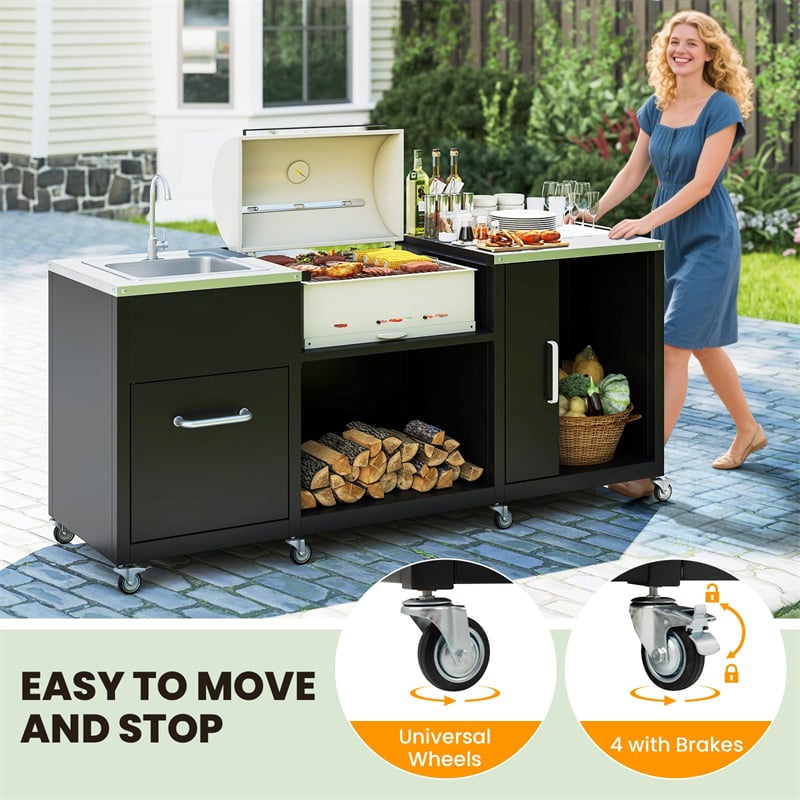 80" Outdoor Grill Table w/ Sink & Drainage, Heavy Duty Metal Grill Cart w/ Removable Stainless Steel Top & Cabinet, Portable BBQ Prep Table on Wheels