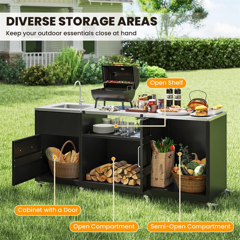 80" Outdoor Grill Table w/ Sink & Drainage, Heavy Duty Metal Grill Cart w/ Removable Stainless Steel Top & Cabinet, Portable BBQ Prep Table on Wheels