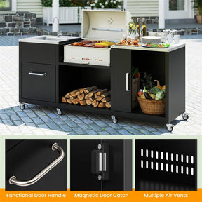 80" Outdoor Grill Table w/ Sink & Drainage, Heavy Duty Metal Grill Cart w/ Removable Stainless Steel Top & Cabinet, Portable BBQ Prep Table on Wheels