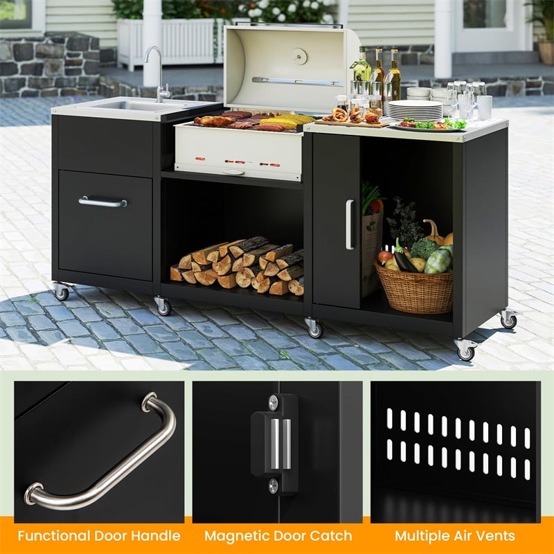 80" Outdoor Grill Table w/ Sink & Drainage, Heavy Duty Metal Grill Cart w/ Removable Stainless Steel Top & Cabinet, Portable BBQ Prep Table on Wheels