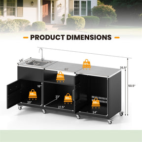 80" Outdoor Grill Table w/ Sink & Drainage, Heavy Duty Metal Grill Cart w/ Removable Stainless Steel Top & Cabinet, Portable BBQ Prep Table on Wheels