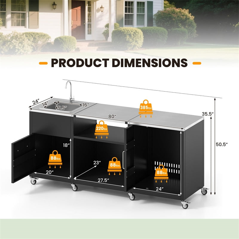 80" Outdoor Grill Table w/ Sink & Drainage, Heavy Duty Metal Grill Cart w/ Removable Stainless Steel Top & Cabinet, Portable BBQ Prep Table on Wheels