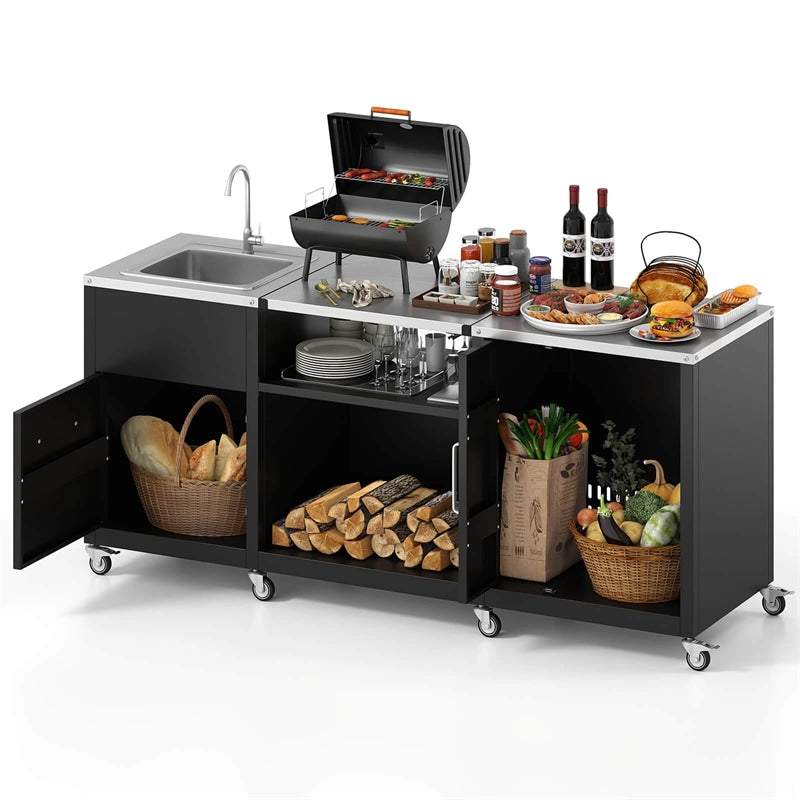 80" Outdoor Grill Table w/ Sink & Drainage, Heavy Duty Metal Grill Cart w/ Removable Stainless Steel Top & Cabinet, Portable BBQ Prep Table on Wheels