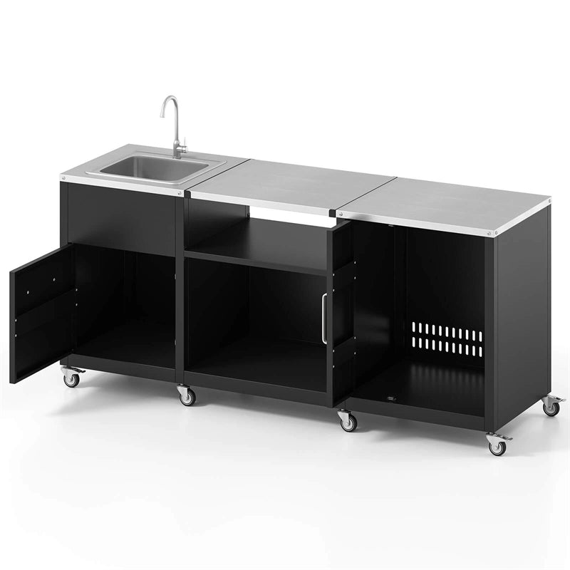 80" Outdoor Grill Table w/ Sink & Drainage, Heavy Duty Metal Grill Cart w/ Removable Stainless Steel Top & Cabinet, Portable BBQ Prep Table on Wheels