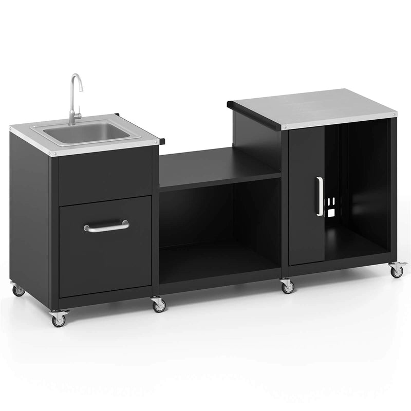 80" Outdoor Grill Table w/ Sink & Drainage, Heavy Duty Metal Grill Cart w/ Removable Stainless Steel Top & Cabinet, Portable BBQ Prep Table on Wheels