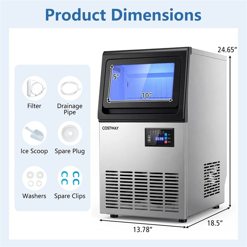 80 LBS/24H Spray-Type Commercial Ice Maker, 15" Built-in Undercounter Stainless Steel Ice Machine w/ 30 LBS Storage & Self-Cleaning for Home Bar Cafe