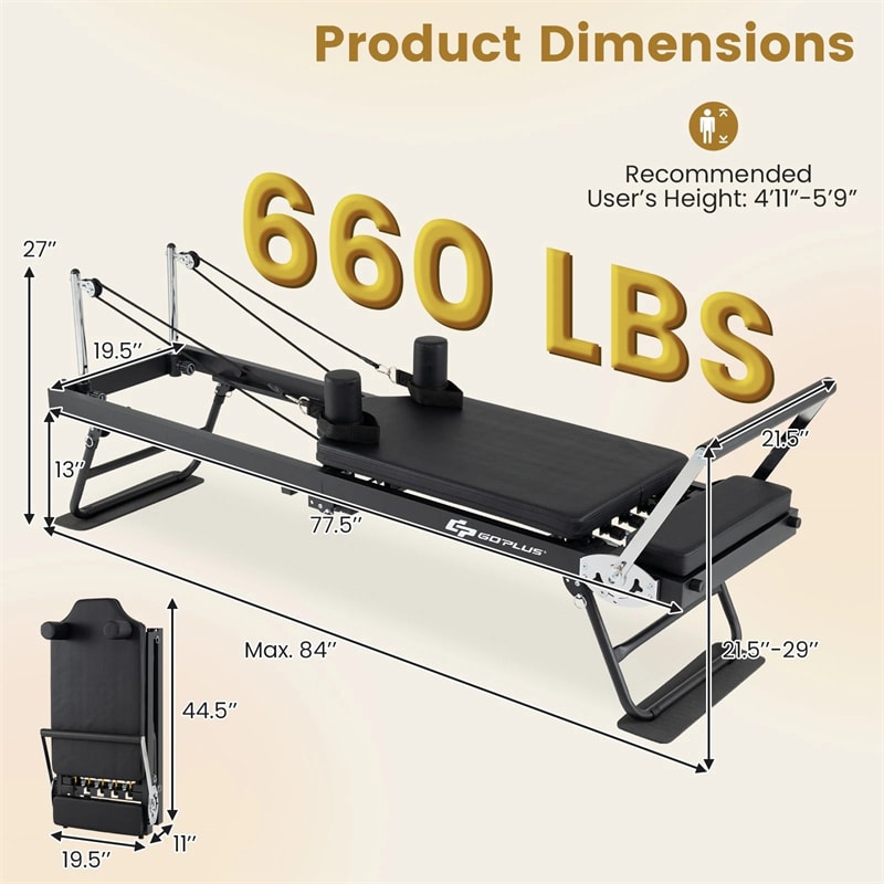Foldable Pilates Reformer Machine for Home Gym, 84" Professional Pilates Equipment w/ Jump Board & Dual Resistance System, All Levels, 660lbs Capacity
