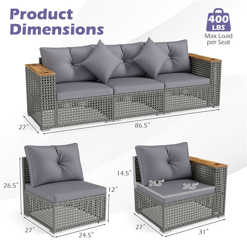 86.5" 3-Seat Patio Wicker Sofa, 3PCS Modular PE Rattan Sectional Furniture Set with Cup Holders & Wood Armrests, Outdoor Couch for Garden Yard