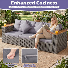 86.5" 3-Seat Patio Wicker Sofa, 3PCS Modular PE Rattan Sectional Furniture Set with Cup Holders & Wood Armrests, Outdoor Couch for Garden Yard