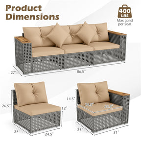 86.5" 3-Seat Patio Wicker Sofa, 3PCS Modular PE Rattan Sectional Furniture Set with Cup Holders & Wood Armrests, Outdoor Couch for Garden Yard