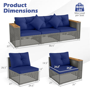 86.5" 3-Seat Patio Wicker Sofa, 3PCS Modular PE Rattan Sectional Furniture Set with Cup Holders & Wood Armrests, Outdoor Couch for Garden Yard