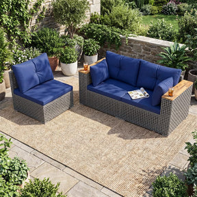 86.5" 3-Seat Patio Wicker Sofa, 3PCS Modular PE Rattan Sectional Furniture Set with Cup Holders & Wood Armrests, Outdoor Couch for Garden Yard
