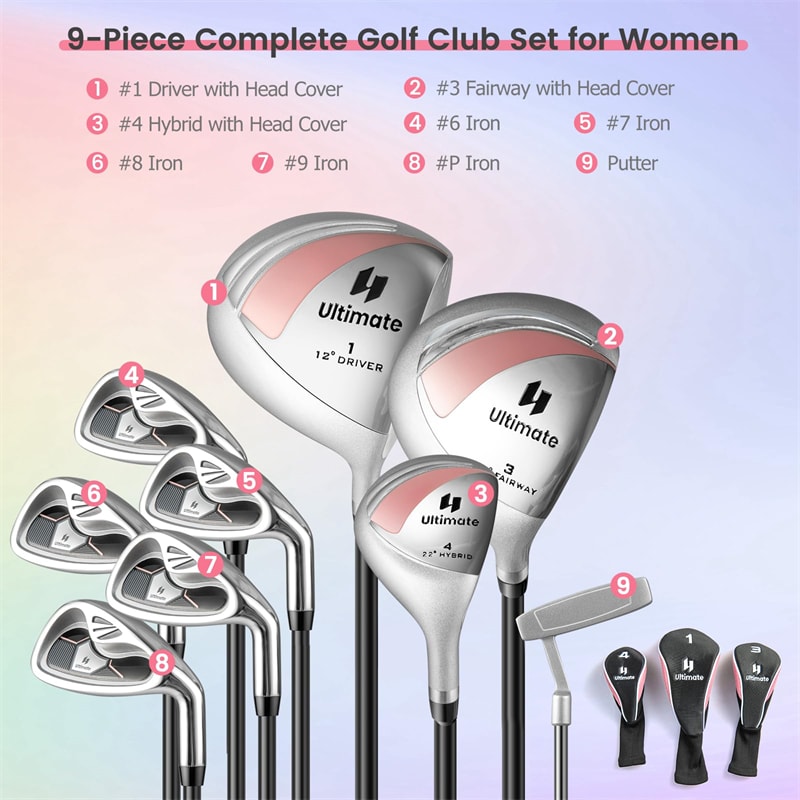 Women's Complete Golf Club Set, 9 Piece Right Hand Golf Club Package Set with 460cc Driver, Fairway Wood, Hybrid, Irons, Putter & 3 Head Covers