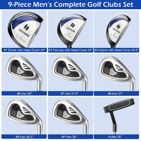 Men's Complete Golf Club Set, 9 Piece Right Handed Golf Club Package Set with 460cc Driver, Fairway Wood, Hybrid, Irons, Putter & 3 Head Covers