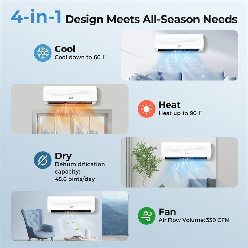9100 BTU Mini Split Air Conditioner & Heater, Inverter Ductless AC Heat Pump System, Full Installation Kit, Cools up to 450 Sq Ft