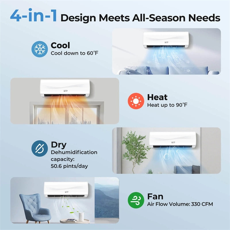 9100 BTU Mini Split Air Conditioner & Heater, Inverter Ductless AC Heat Pump System, Full Installation Kit, Cools up to 450 Sq Ft