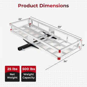 60"x34" Aluminum Hitch Cargo Carrier with 9" High Side Rails, 500 lbs Capacity Luggage Basket Fits 2" Receiver for SUV & Truck, w/ Straps & Reflectors