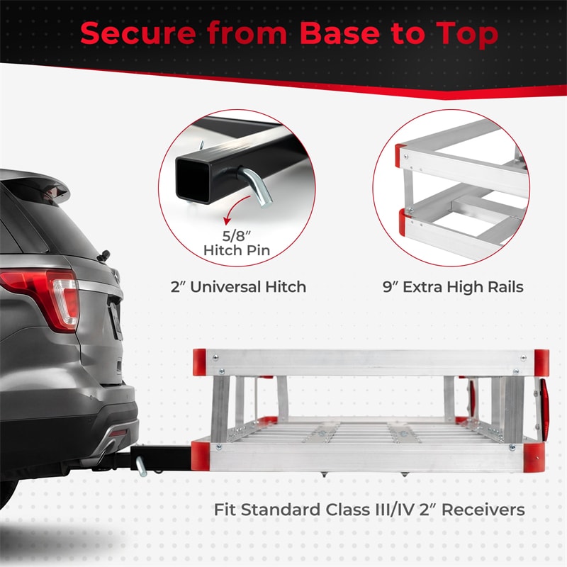 60"x34" Aluminum Hitch Cargo Carrier with 9" High Side Rails, 500 lbs Capacity Luggage Basket Fits 2" Receiver for SUV & Truck, w/ Straps & Reflectors