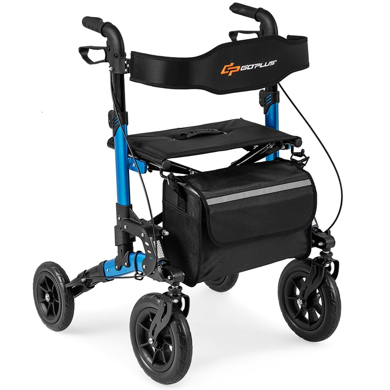 Rollator Walker for Seniors, Folding Rolling Walker w/ Seat, Mesh Backrest, Spring Suspension, 9.5" Large Wheels, Cane Holder & Bag, 300lb Max