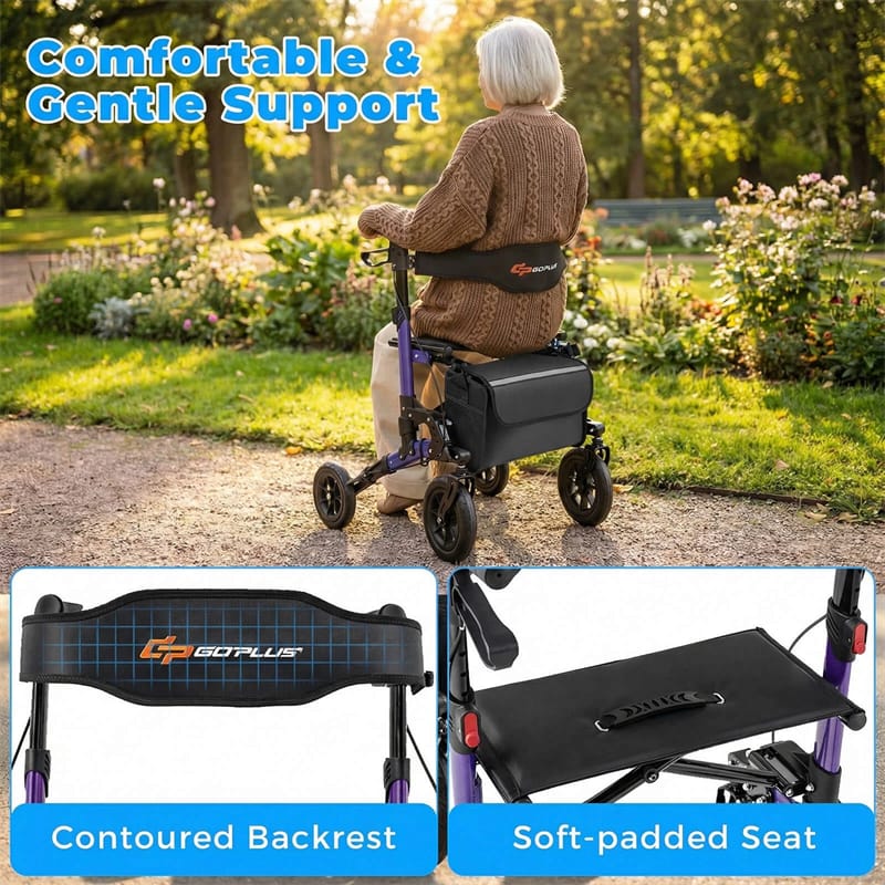 Rollator Walker for Seniors, Folding Rolling Walker w/ Seat, Mesh Backrest, Spring Suspension, 9.5" Large Wheels, Cane Holder & Bag, 300lb Max