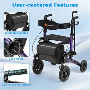 Rollator Walker for Seniors, Folding Rolling Walker w/ Seat, Mesh Backrest, Spring Suspension, 9.5" Large Wheels, Cane Holder & Bag, 300lb Max