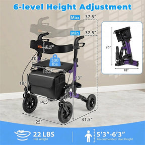 Rollator Walker for Seniors, Folding Rolling Walker w/ Seat, Mesh Backrest, Spring Suspension, 9.5" Large Wheels, Cane Holder & Bag, 300lb Max