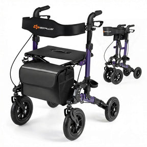 Rollator Walker for Seniors, Folding Rolling Walker w/ Seat, Mesh Backrest, Spring Suspension, 9.5" Large Wheels, Cane Holder & Bag, 300lb Max