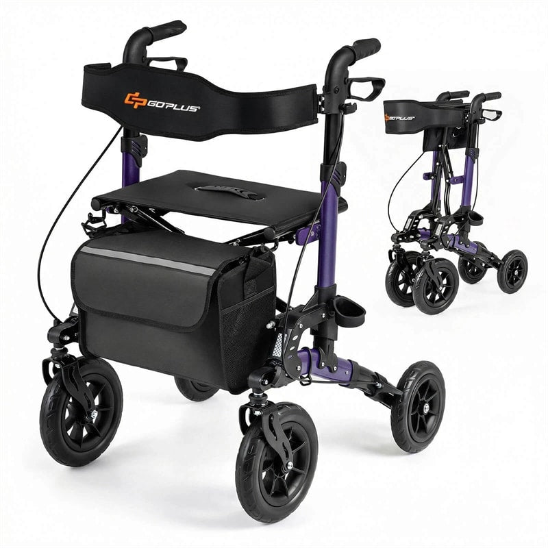 Rollator Walker for Seniors, Folding Rolling Walker w/ Seat, Mesh Backrest, Spring Suspension, 9.5" Large Wheels, Cane Holder & Bag, 300lb Max