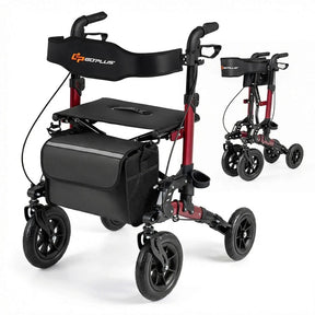 Rollator Walker for Seniors, Folding Rolling Walker w/ Seat, Mesh Backrest, Spring Suspension, 9.5" Large Wheels, Cane Holder & Bag, 300lb Max
