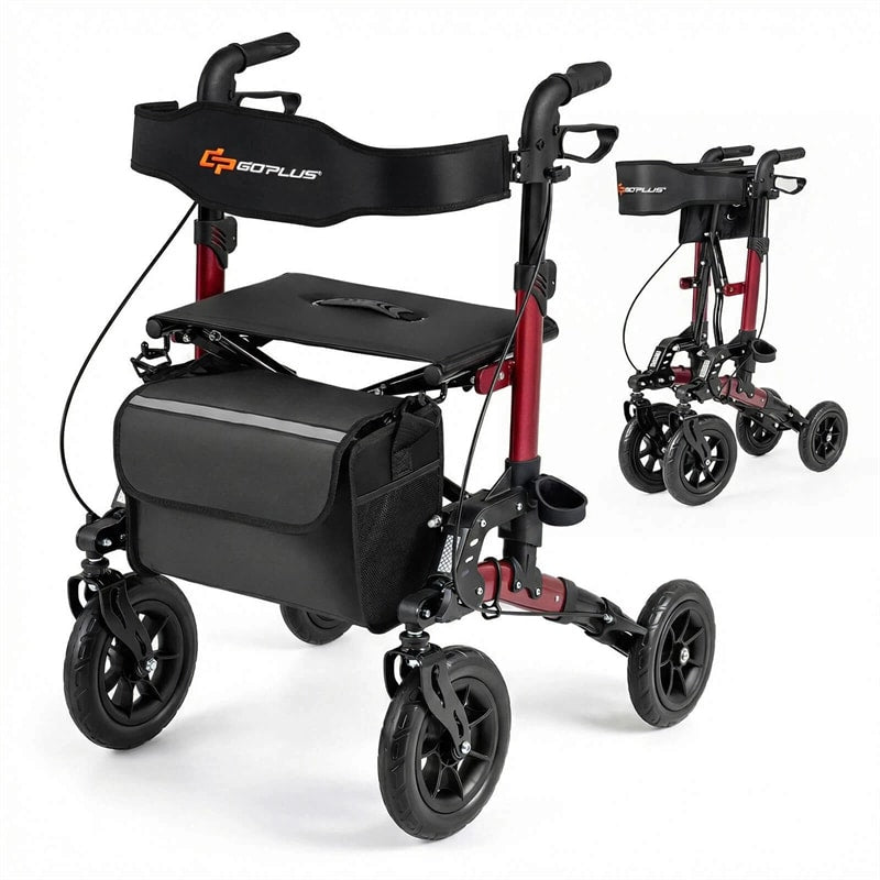Rollator Walker for Seniors, Folding Rolling Walker w/ Seat, Mesh Backrest, Spring Suspension, 9.5" Large Wheels, Cane Holder & Bag, 300lb Max