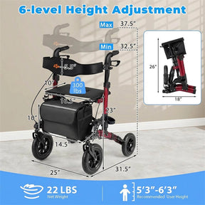 Rollator Walker for Seniors, Folding Rolling Walker w/ Seat, Mesh Backrest, Spring Suspension, 9.5" Large Wheels, Cane Holder & Bag, 300lb Max