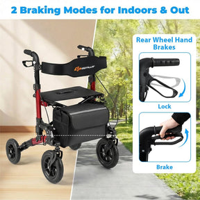 Rollator Walker for Seniors, Folding Rolling Walker w/ Seat, Mesh Backrest, Spring Suspension, 9.5" Large Wheels, Cane Holder & Bag, 300lb Max