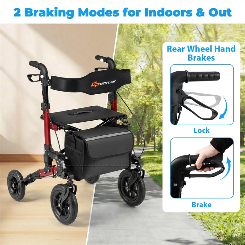 Rollator Walker for Seniors, Folding Rolling Walker w/ Seat, Mesh Backrest, Spring Suspension, 9.5" Large Wheels, Cane Holder & Bag, 300lb Max