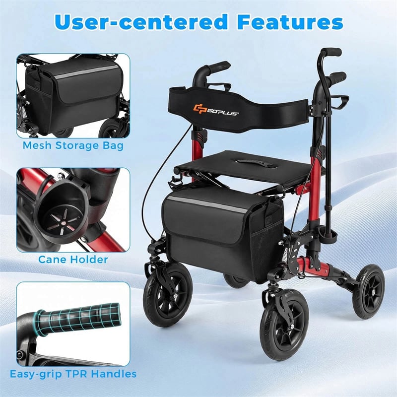 Rollator Walker for Seniors, Folding Rolling Walker w/ Seat, Mesh Backrest, Spring Suspension, 9.5" Large Wheels, Cane Holder & Bag, 300lb Max