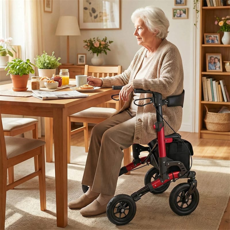 Rollator Walker for Seniors, Folding Rolling Walker w/ Seat, Mesh Backrest, Spring Suspension, 9.5" Large Wheels, Cane Holder & Bag, 300lb Max