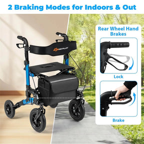 Rollator Walker for Seniors, Folding Rolling Walker w/ Seat, Mesh Backrest, Spring Suspension, 9.5" Large Wheels, Cane Holder & Bag, 300lb Max