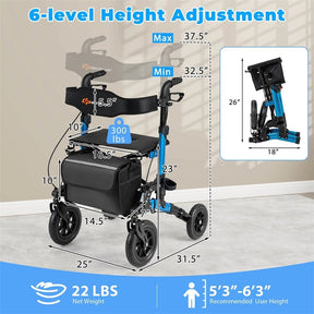 Rollator Walker for Seniors, Folding Rolling Walker w/ Seat, Mesh Backrest, Spring Suspension, 9.5" Large Wheels, Cane Holder & Bag, 300lb Max