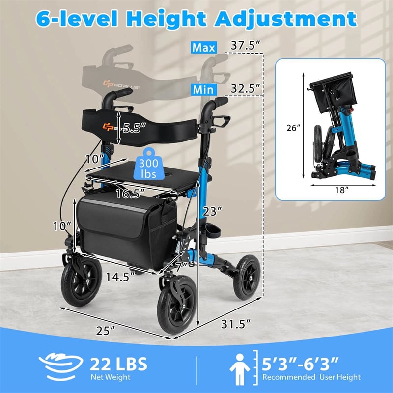 Rollator Walker for Seniors, Folding Rolling Walker w/ Seat, Mesh Backrest, Spring Suspension, 9.5" Large Wheels, Cane Holder & Bag, 300lb Max