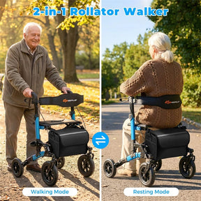 Rollator Walker for Seniors, Folding Rolling Walker w/ Seat, Mesh Backrest, Spring Suspension, 9.5" Large Wheels, Cane Holder & Bag, 300lb Max