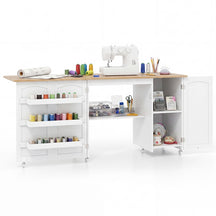 62.5" Folding Sewing Table Rolling Craft Station with Storage Cabinet & Shelves, Foldable Sewing Machine Desk w/ Lockable Wheels for Home