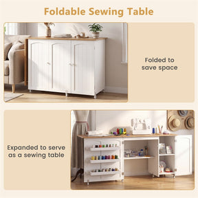 62.5" Folding Sewing Table Rolling Craft Station with Storage Cabinet & Shelves, Foldable Sewing Machine Desk w/ Lockable Wheels for Home