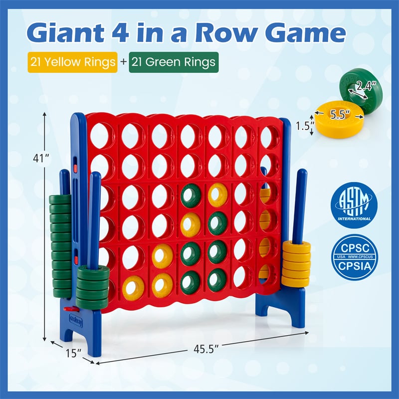 Giant 4-in-a-Row Game Set, 3.5FT Jumbo 4-to-Score Connect Game w/ 42 Rings & Quick-Release Slider, Indoor Outdoor Family Yard Game