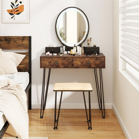 Industrial Vanity Desk w/ 3-Color Lighted Mirror, Charging Station & 4 Drawers, Retro Makeup Table Set w/ Padded Stool, Bedroom Dressing Table