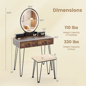 Industrial Vanity Desk w/ 3-Color Lighted Mirror, Charging Station & 4 Drawers, Retro Makeup Table Set w/ Padded Stool, Bedroom Dressing Table