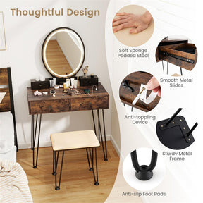 Industrial Vanity Desk w/ 3-Color Lighted Mirror, Charging Station & 4 Drawers, Retro Makeup Table Set w/ Padded Stool, Bedroom Dressing Table