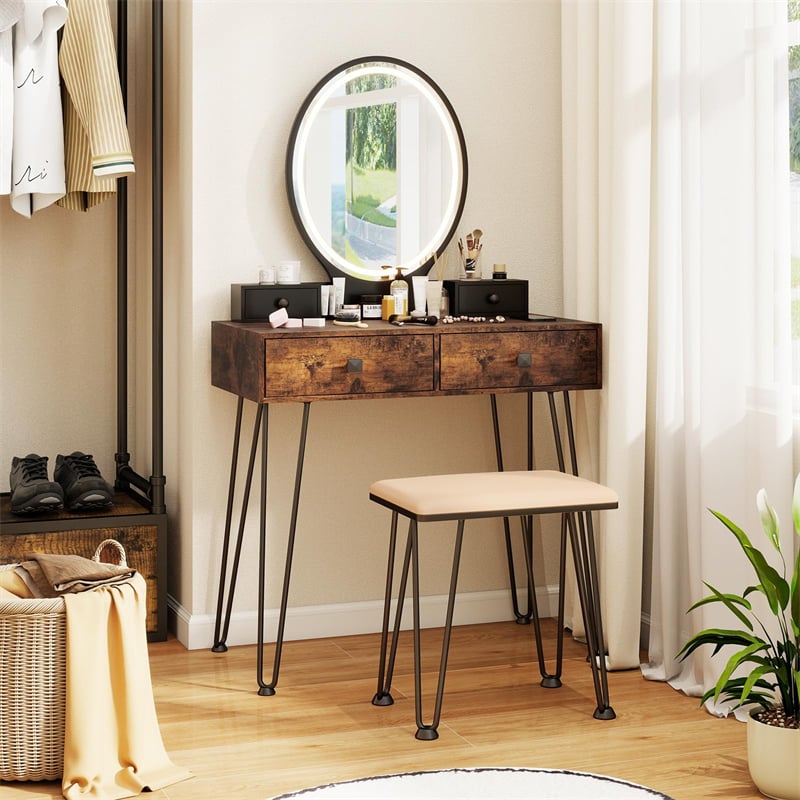 Industrial Vanity Desk w/ 3-Color Lighted Mirror, Charging Station & 4 Drawers, Retro Makeup Table Set w/ Padded Stool, Bedroom Dressing Table
