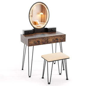 Industrial Vanity Desk w/ 3-Color Lighted Mirror, Charging Station & 4 Drawers, Retro Makeup Table Set w/ Padded Stool, Bedroom Dressing Table