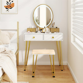 Industrial Vanity Desk w/ 3-Color Lighted Mirror, Charging Station & 4 Drawers, Retro Makeup Table Set w/ Padded Stool, Bedroom Dressing Table